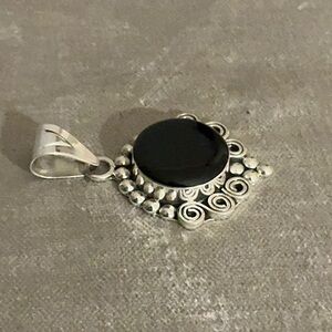 Vintage Sterling Silver/ Large Round Black Onyx Pendant